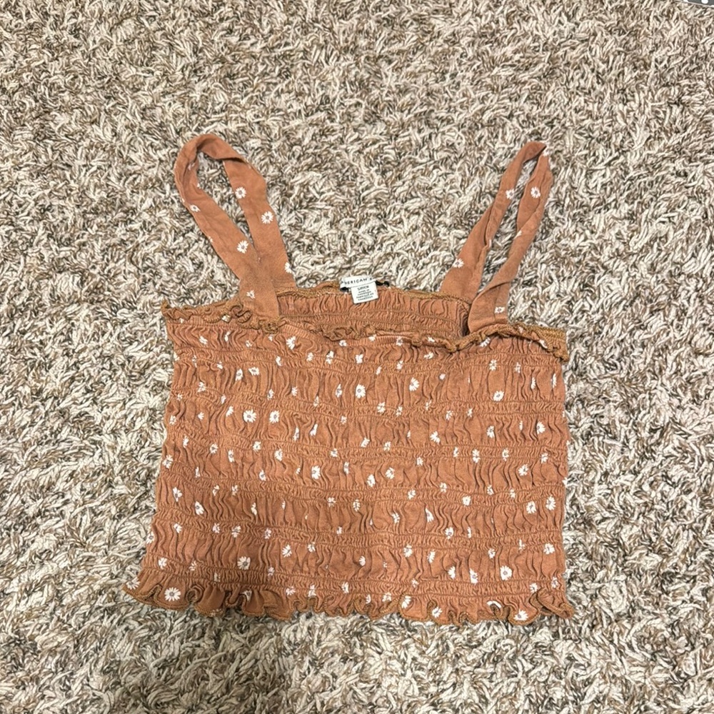American Eagle Outfitters Floral Smocked Tan Top